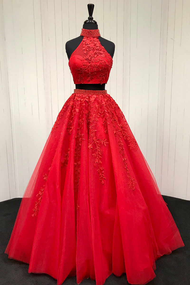 Sexy Red 2 Piece Prom Dresses With Halter Neck,Long Elegant Tulle Two Piece Evening Dresses