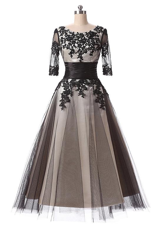 Charming Tea Length Prom Dresses Lace Applique Tulle Evening Gowns With Scoop Neck