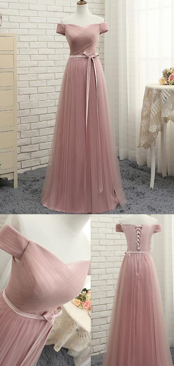 Blush Pink Tulle Prom Dresses Ruched Bodice Formal Gowns With Lace-up Back