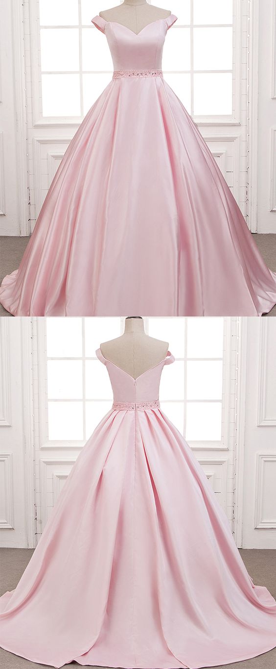 Marvelous Pink Prom Dresses Satin V Neck Off The Shoulder Chapel Train Formal Gowns