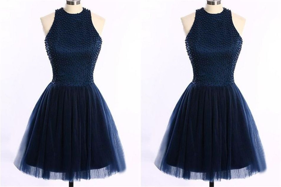 Navy Blue Tulle Short Bridesmaid Dress With Beaded Bodice