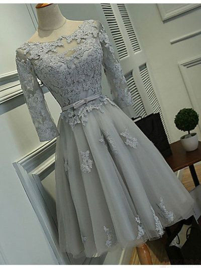 Grey Tulle Long Sleeve Lace Applique Homecoming Dresses Short Cocktail Dress
