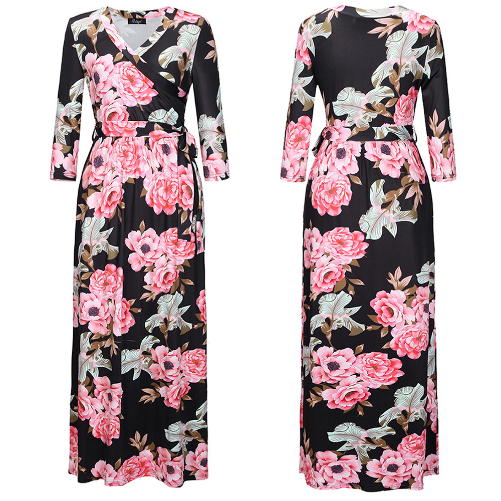Black Chiffon Rose Printed Floral Women Dresses With Half Sleeve And V Neck