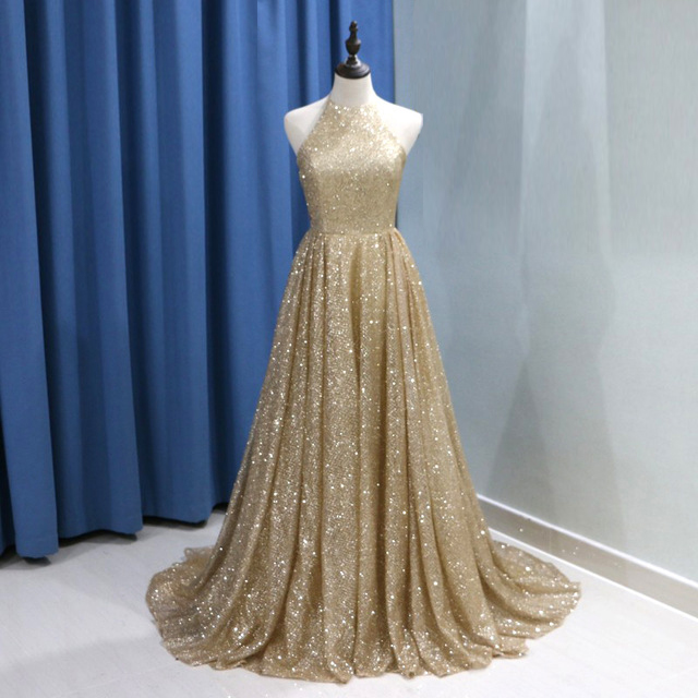 Sparkly Gold Evening Gown Sequin A Line Prom Dresses 2018 Long Elegant Sequin Formal Party Dress