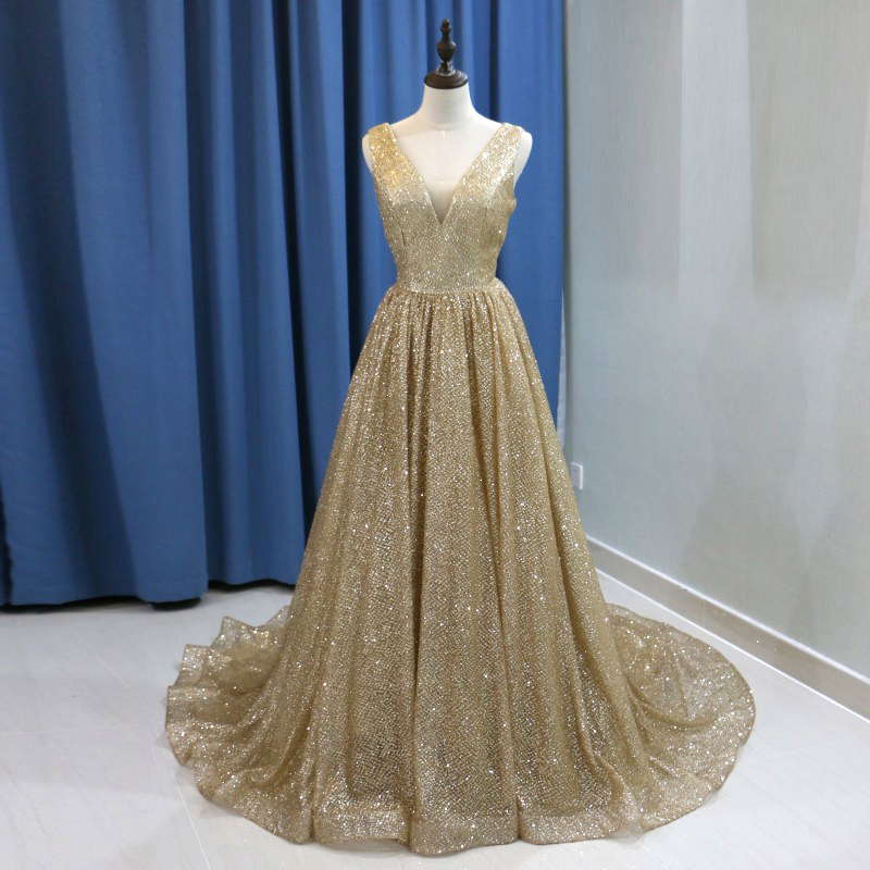 Sexy Gold Sequin Arabic Evening Dress 2019 Long Dubai Prom Dresses V-neck Backless Plus Size Women Formal Gowns
