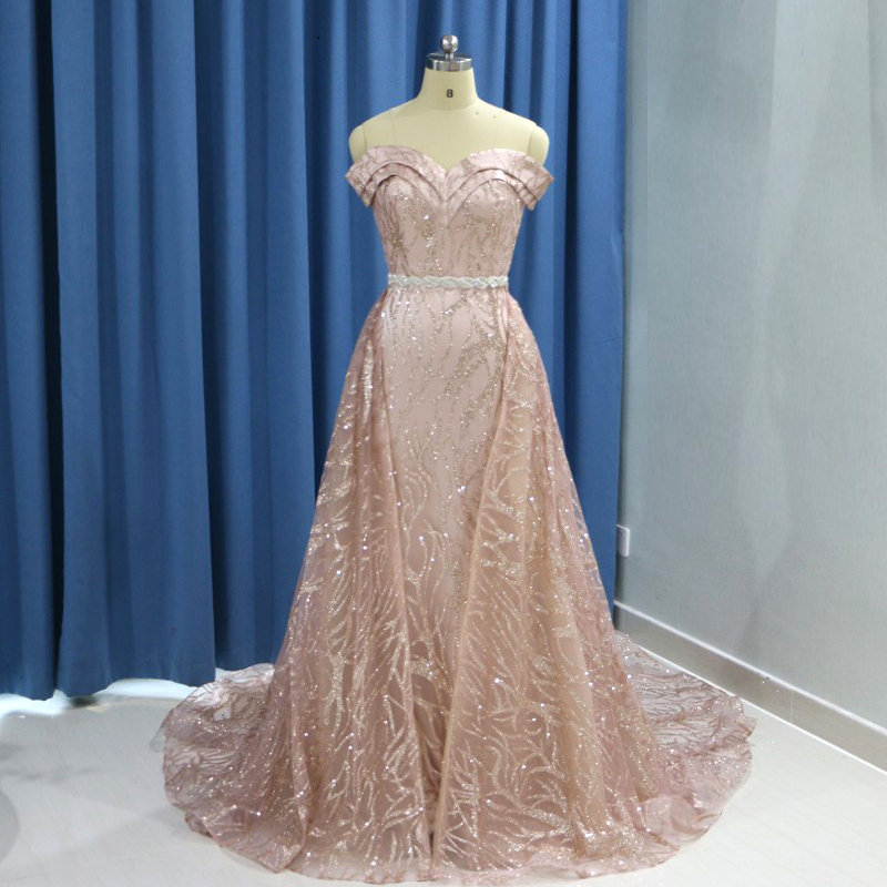 Sparkly Rose Gold Long Sleeve Mermaid Evening Dress With Detachable Train Dubai Arabic Prom Formal Dresses 2019