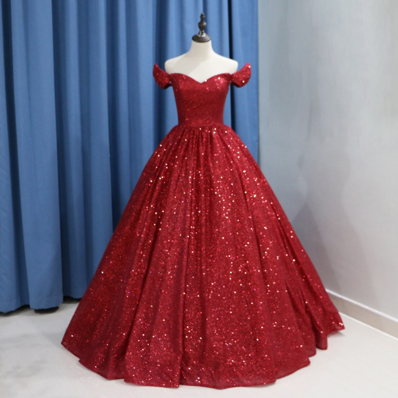 Sparkly Wine Red Sequins Ball Gown Wedding Dress Luxury 2019 Dubai