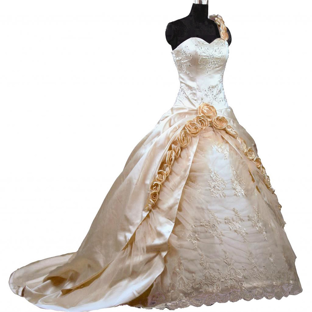 2019 Champagne One Shoulder Lace Wedding Dresses Satin Flower Chapel Train Embroidery Wedding Ball Gowns Bridal Dresses Vestidos De Festa