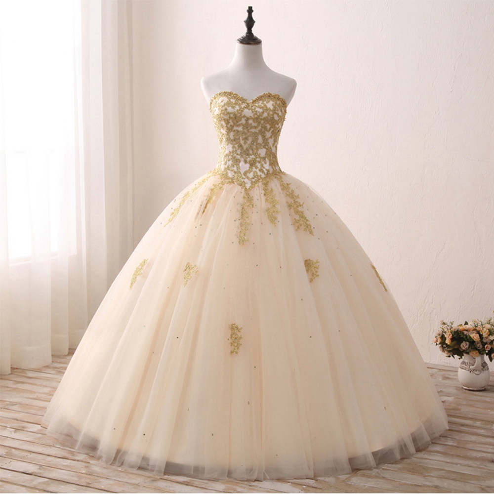Gold Appliques Ball Gown Champagne Quinceanera Dress 2019 Sparkle Crystal Tulle Floor-length Sweet 16 Dress Debutante Gowns Us Size 2-16