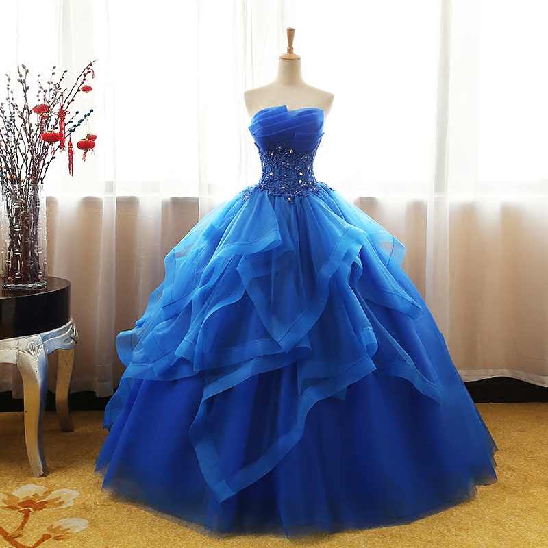Royal Blue Lace Applique Ruffle Prom Dresses, Quinceanera Dress 2019 Ball Gown Vestidos De 15 Debutante Gowns Sweet 16 Dresses