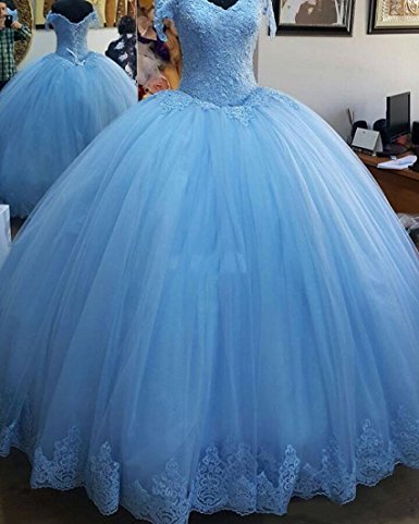 Blue Tulle Long Evening Prom Gowns,v Neck Lace Applique Bodice Quinceanera Dresses