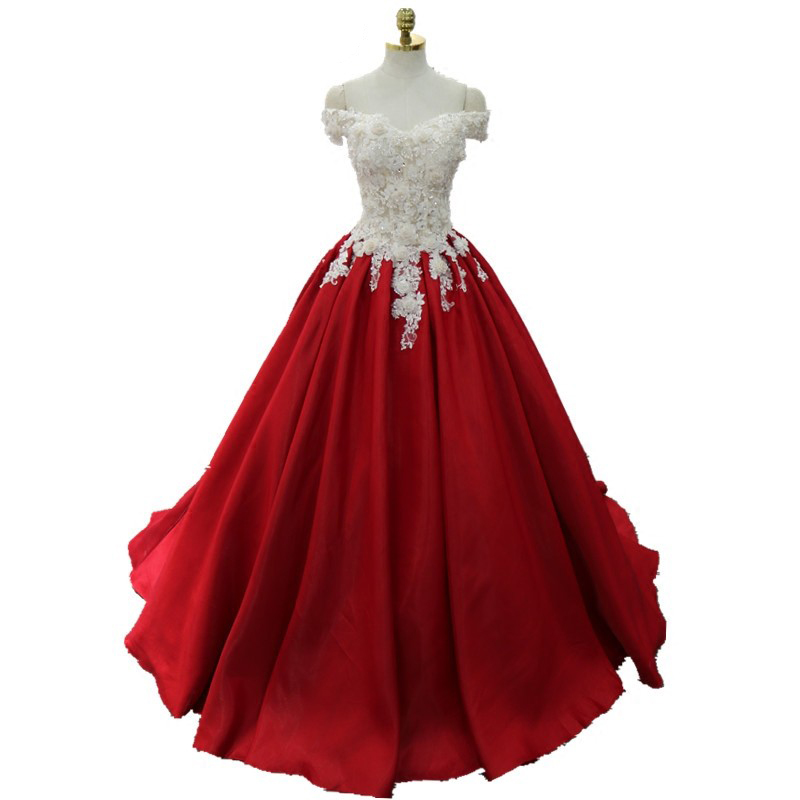 Red Evening Dress Satin Lace Applique Ball Gown Formal Dress Featuring Off The Shoulder,long Elegant Prom Dresses