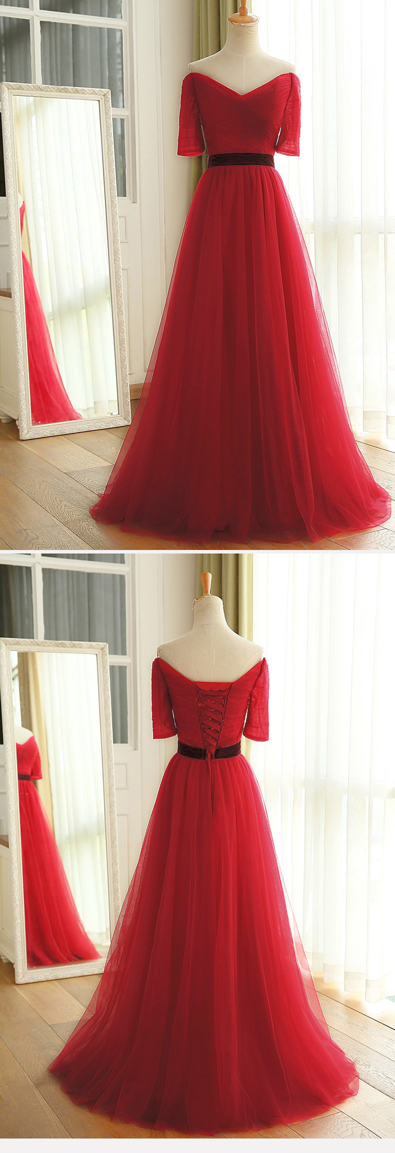 Modest A Line Half Sleeve Red Tulle Floor Length Prom Dresses