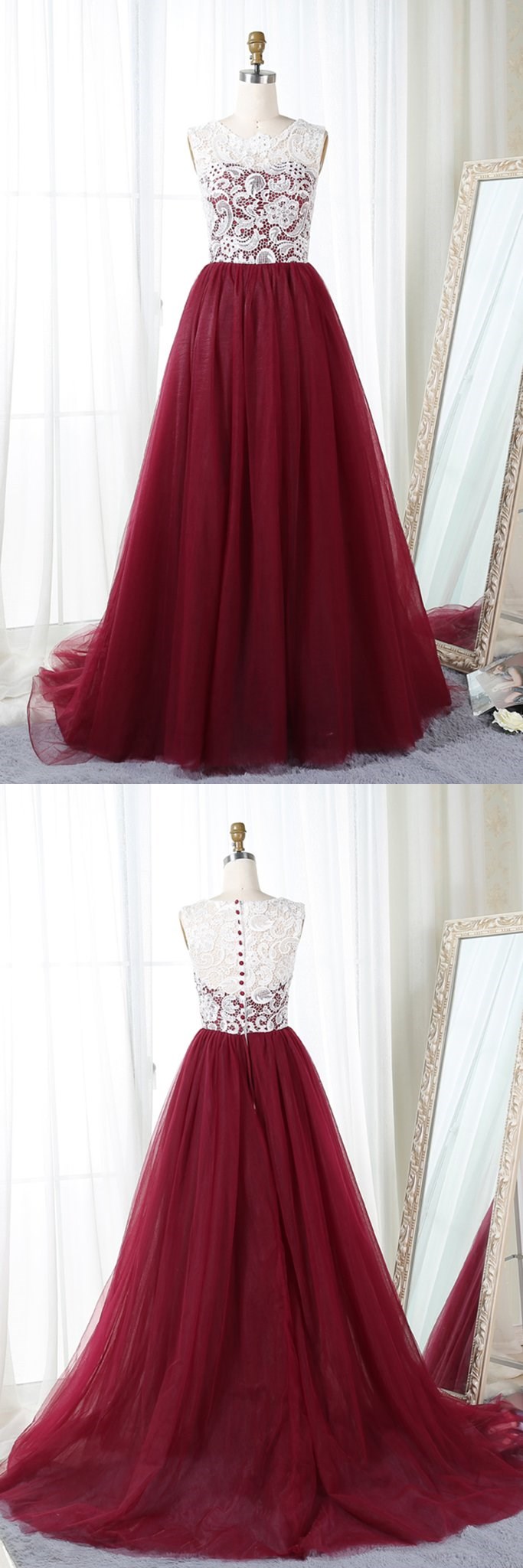 Fashion Burgundy Sheer Neck Tulle Prom Dress,dark Red Evening Dress