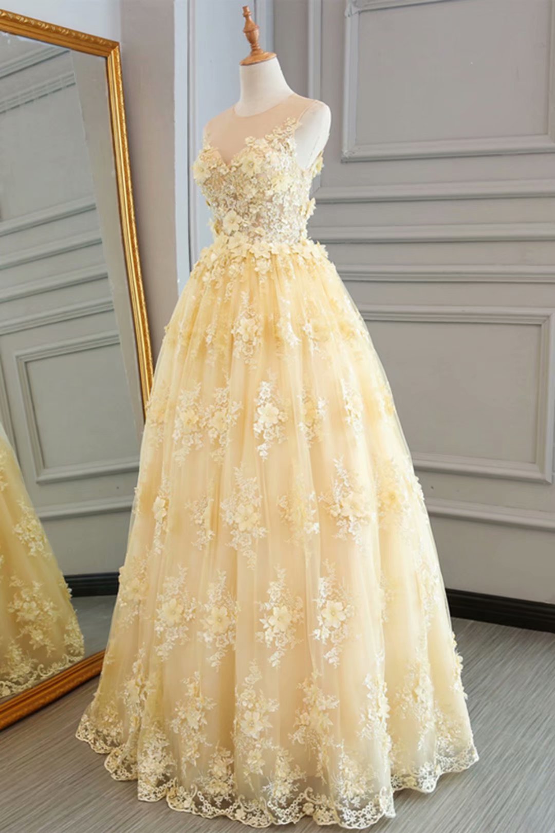 Long Prom Dresses Yellow Sheer Neck A Line Lace Evening Formal Dresses