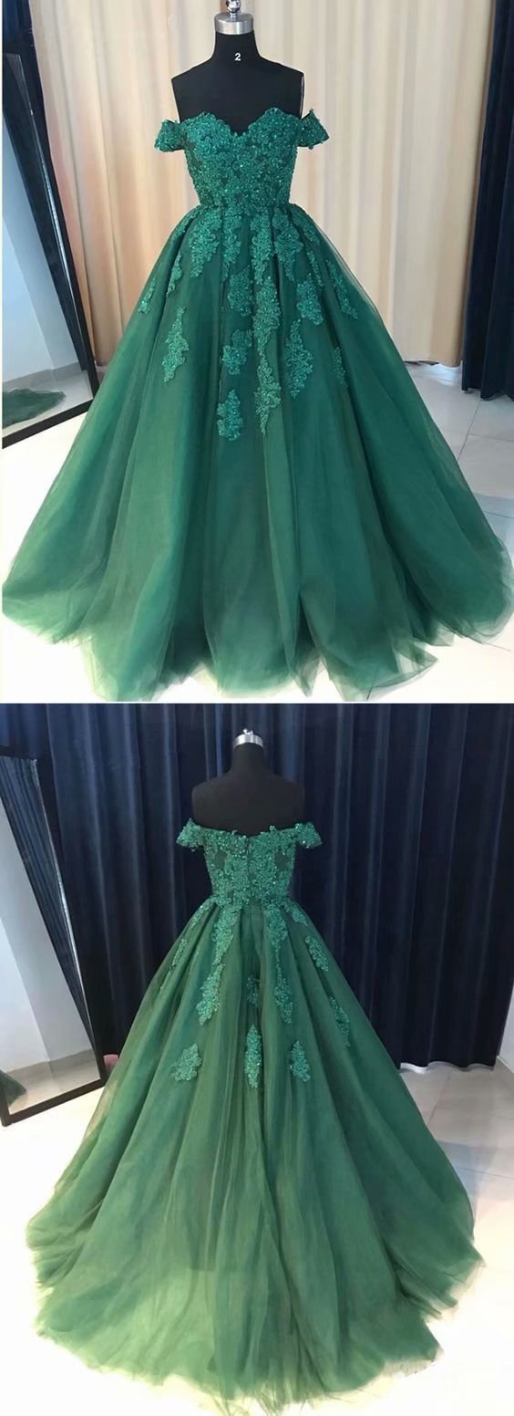 Long Prom Dresses Hunter Green Lace Applique Evening Formal Dresses