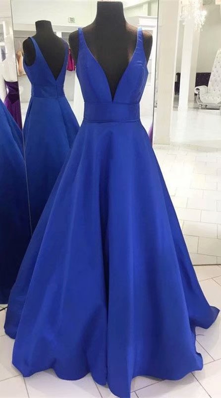 Fashion Royal Blue Prom Dresses V Neck A Line Evening Formal Dresses