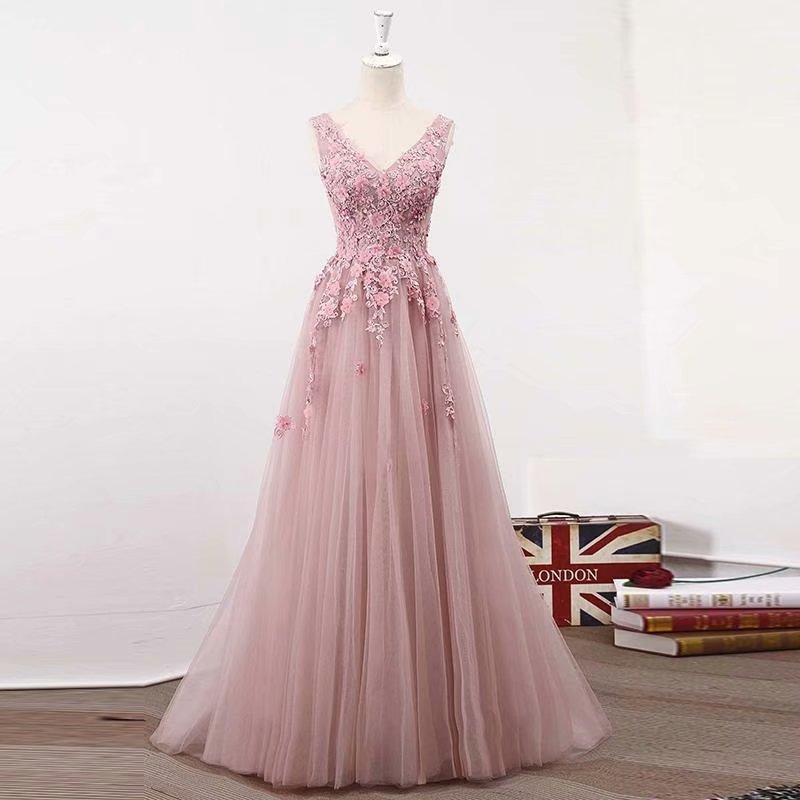 2019 Pink Prom Dresses V Neck A Line Tulle Evening Formal Dresses