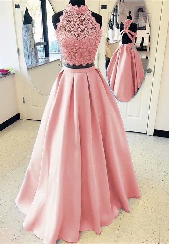 Sexy Pink Lace O Neck Evening Dresses Long Sexy Satin Prom Dress Robe De Soiree Formal Gowns