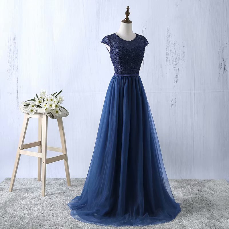 2019 Navy Blue Prom Dresses Tulle Prom Gowns Real Photo O Neck A Line Prom Dresses Long