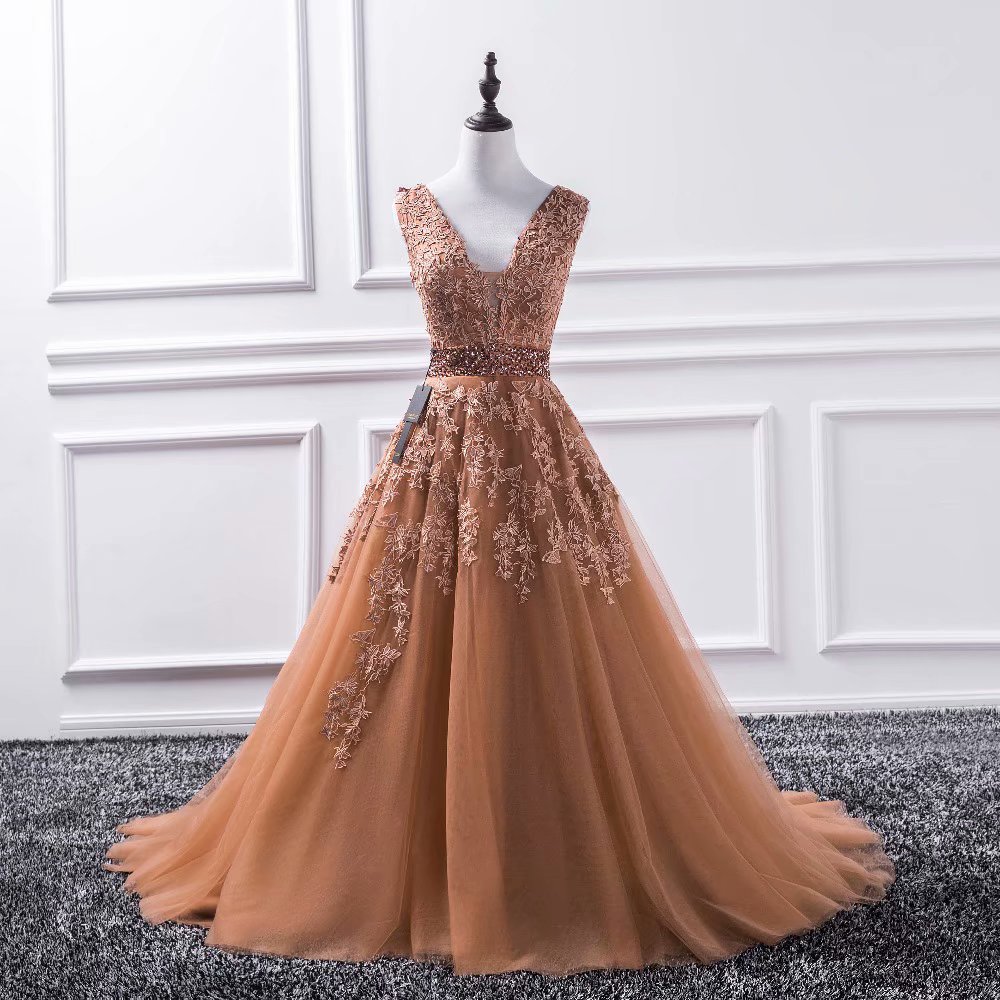 Elegant Long Coffee Prom Dresses 2019 Tulle Appliques Princess Ball Gown Vintage Evening Dress