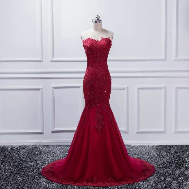 Sexy Burgundy Long Prom Dresses 2019 Tulle Appliques Vintage