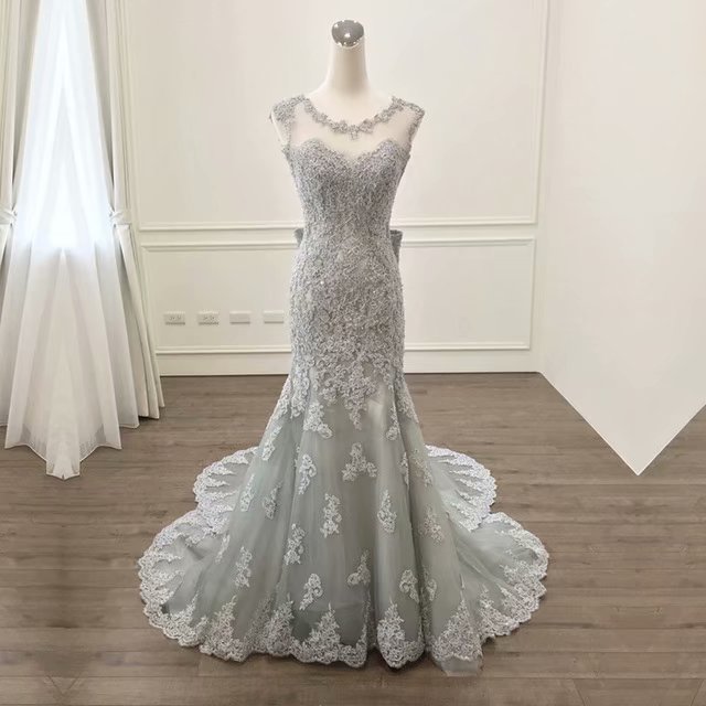 2019 Grey Long Prom Dresses Tulle Lace Appliques Mermaid Evening Dress Formal Gowns