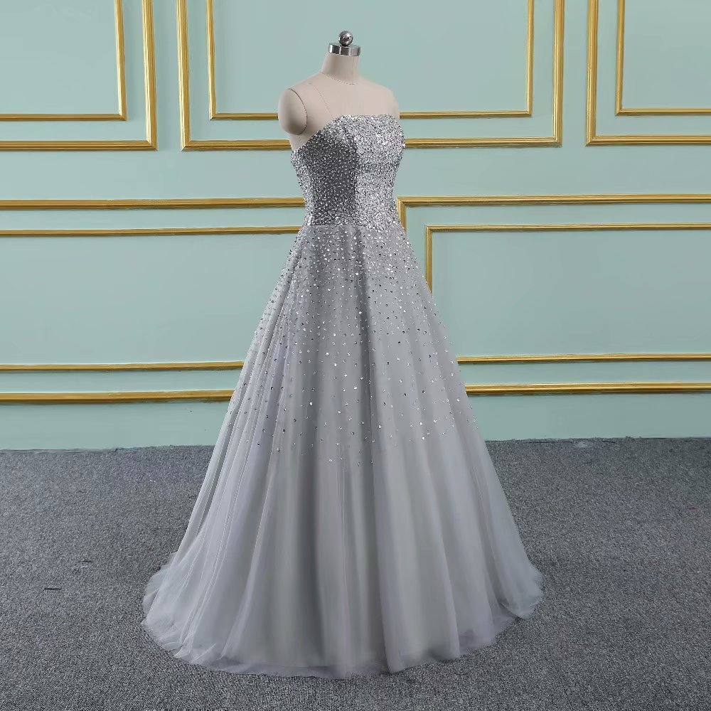 Sexy Grey Beading Prom Dresses 2019 Tulle Luxury Princess Ball Gown Vintage Evening Dress