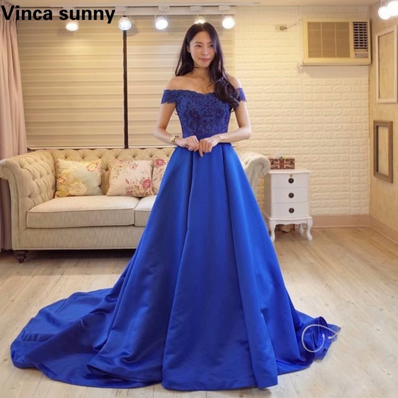 Royal Blue Long Prom Dresses 2019 Satin Off Shoulder Vintage Evening Dress