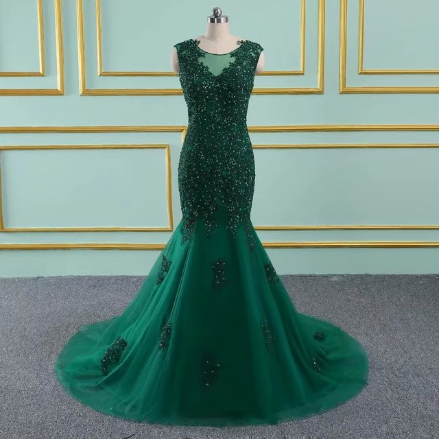 Floor Length Prom Dresses 2019 Tulle Beaded Appliques Mermaid Dark Green Vintage Evening Dress