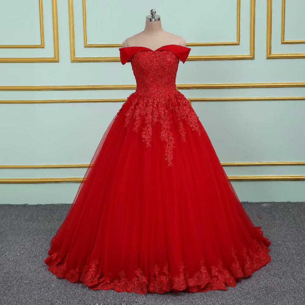 Red Long Prom Dresses 2019 Tulle Off The Shoulder Princess Ball Gown Vintage Evening Dress