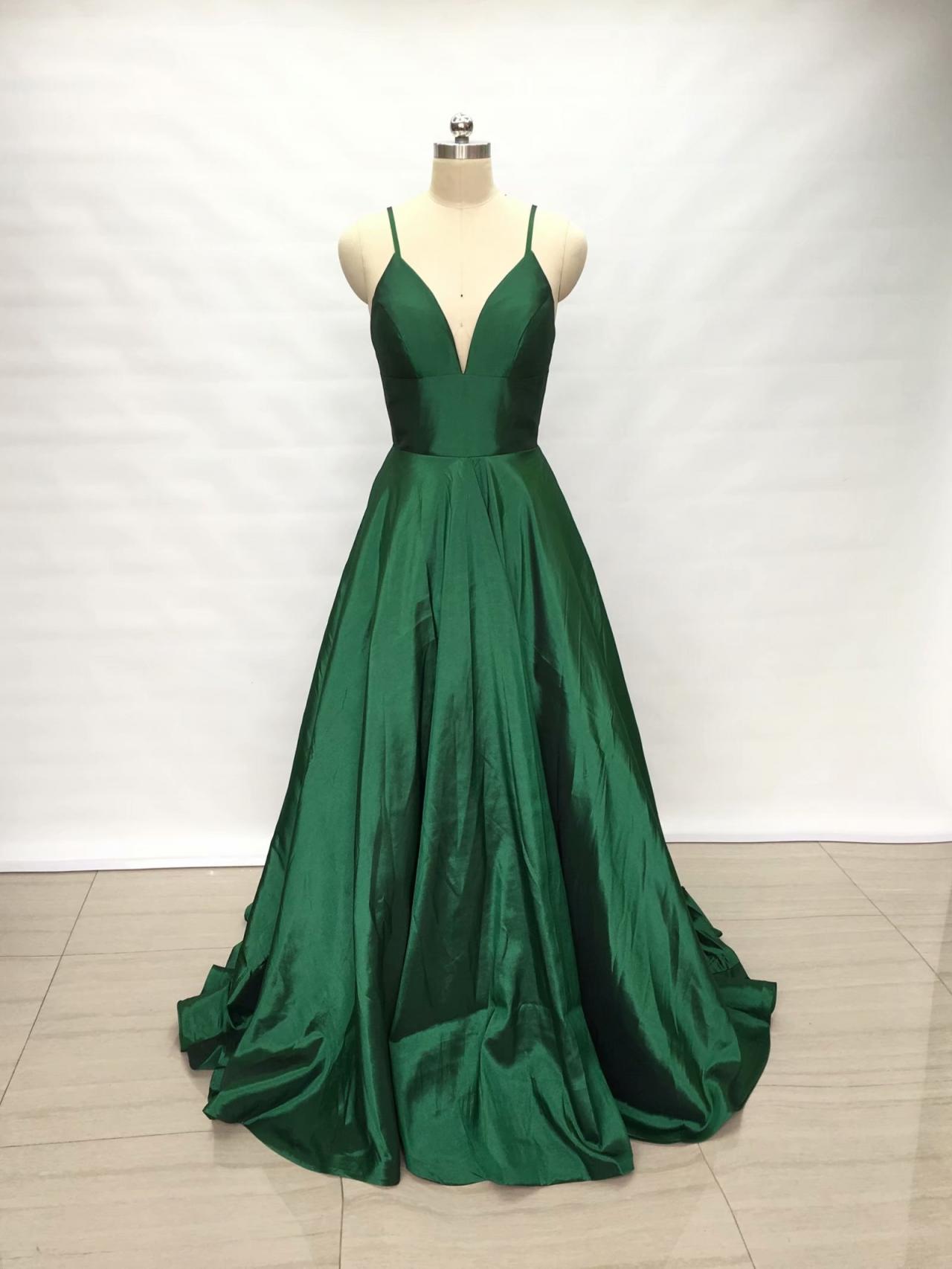 2019 Spaghetti Straps Dark Green Evening Dresses A Line Prom Gowns