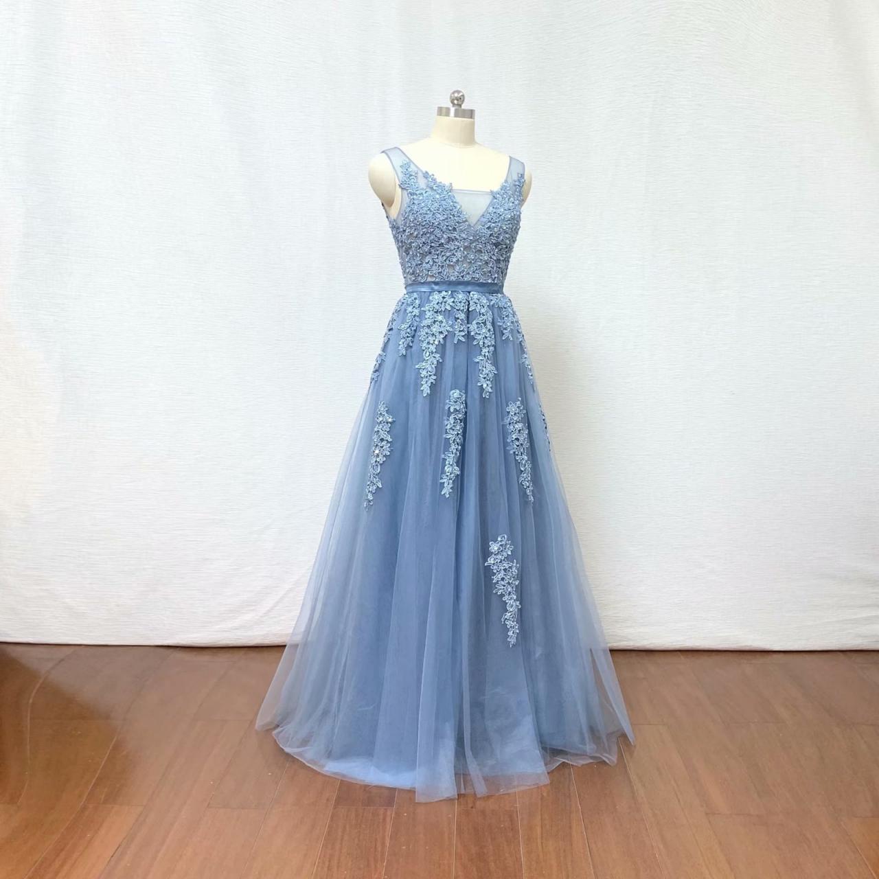 2019 Light Blue Lace Applique Formal Dresses Evening Dresses Backless Tulle Prom Gowns