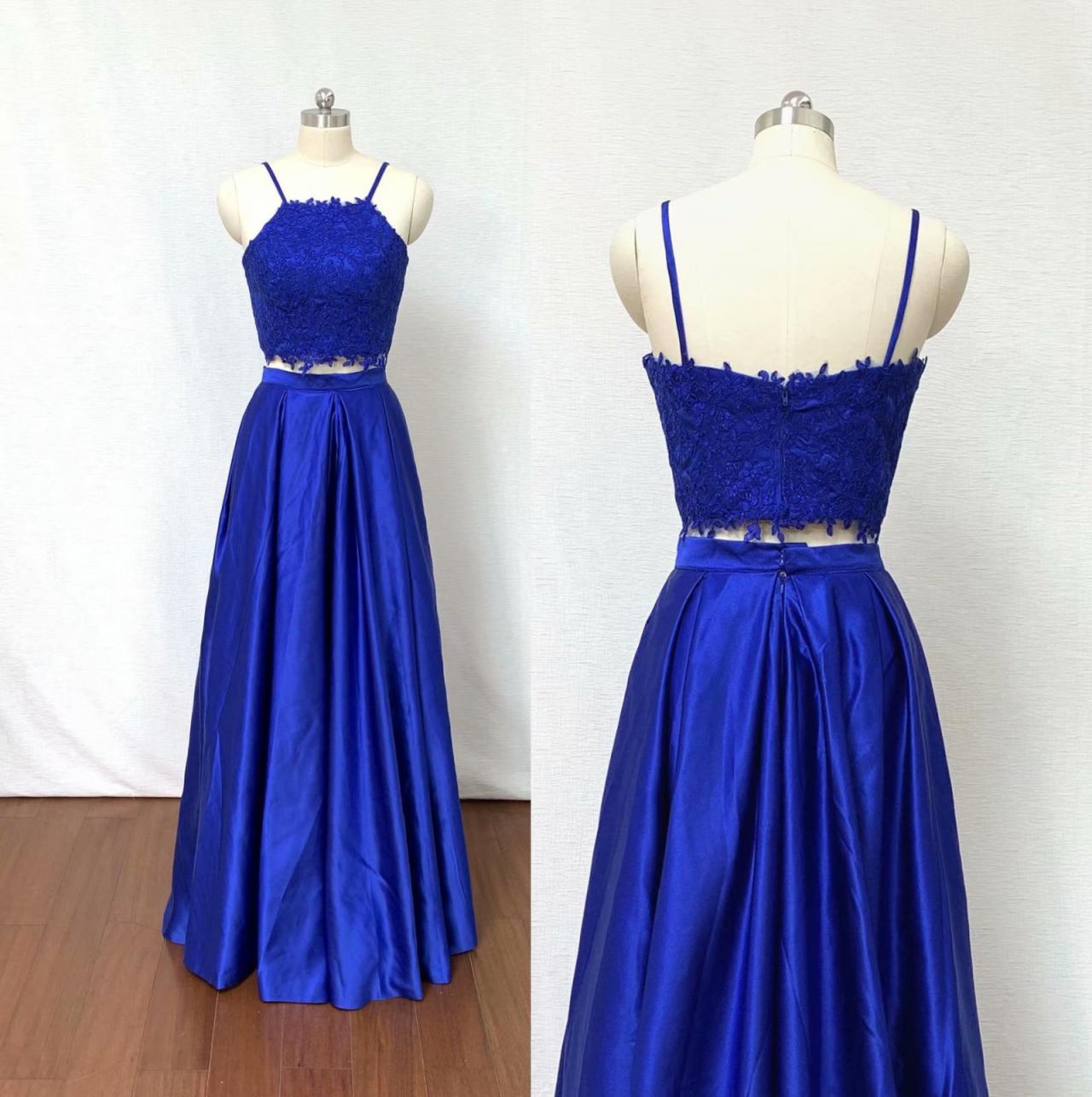 2019 Royal Blue 2 Piece Prom Dress Evening Dresses A Line Applique Prom Gowns