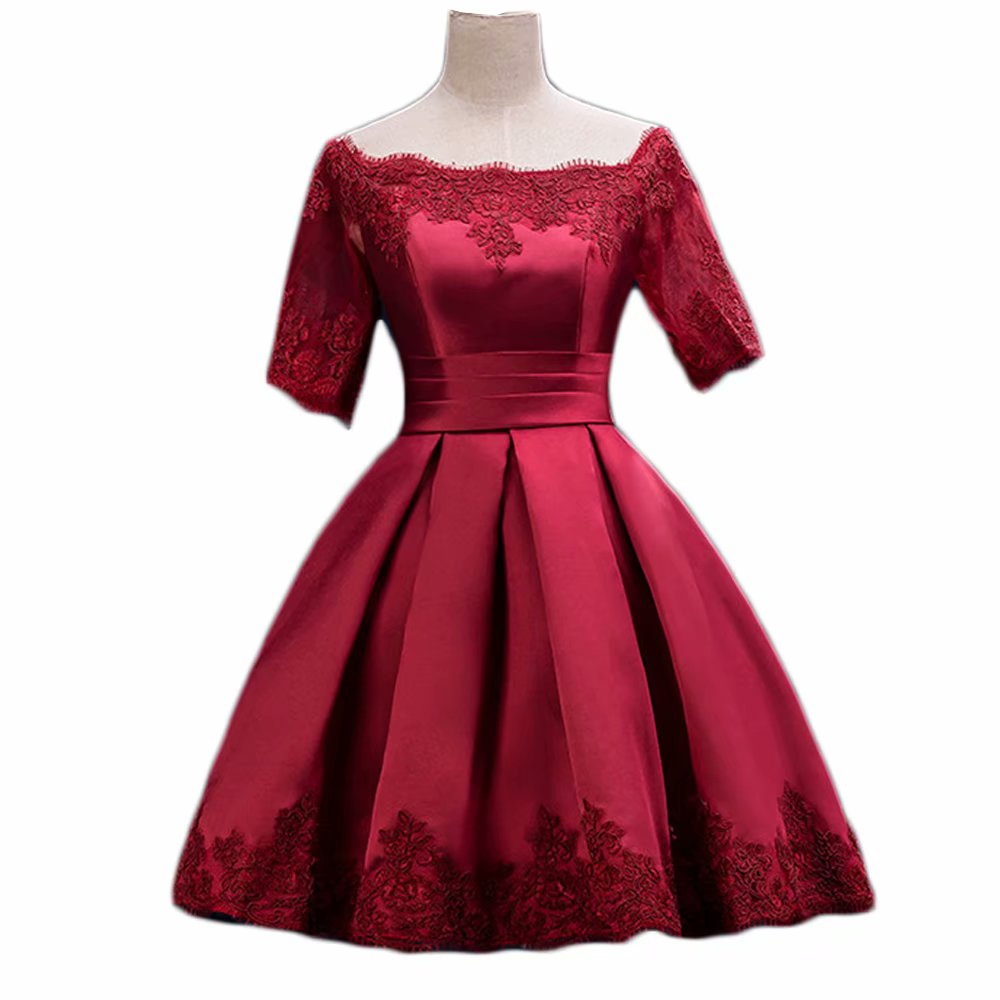 Short Sleeve Ball Gown Burgundy Satin Short Homecoming Prom Dress Evening Cocktail Gown Bridesmaid Formal Dresses