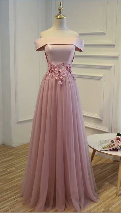 Long Blush Pink Formal Dresses Featuring Satin Bodice With Off-shoulder Neckline -- Long Elegant Prom Dresses, Sexy Evening Gowns