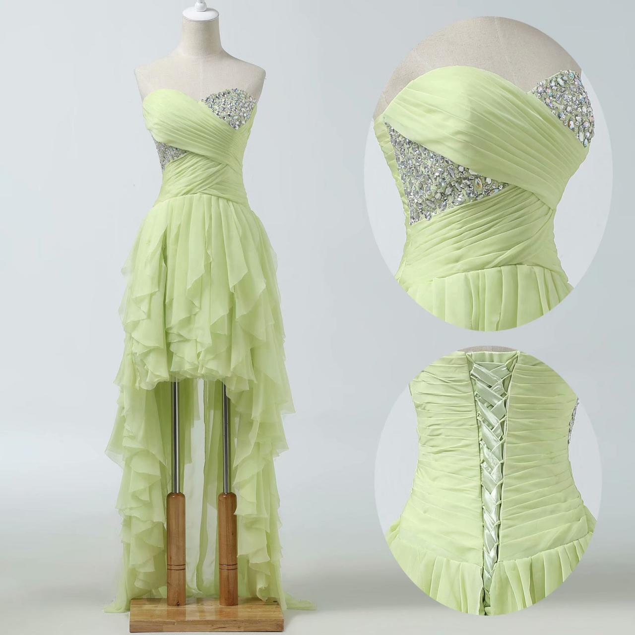 Long Mint Green High Low Formal Dresses Featuring Rhinestone Beaded Bodice With Sweetheart Neckline -- Chiffon Prom Dresses, Sexy Evening Gowns