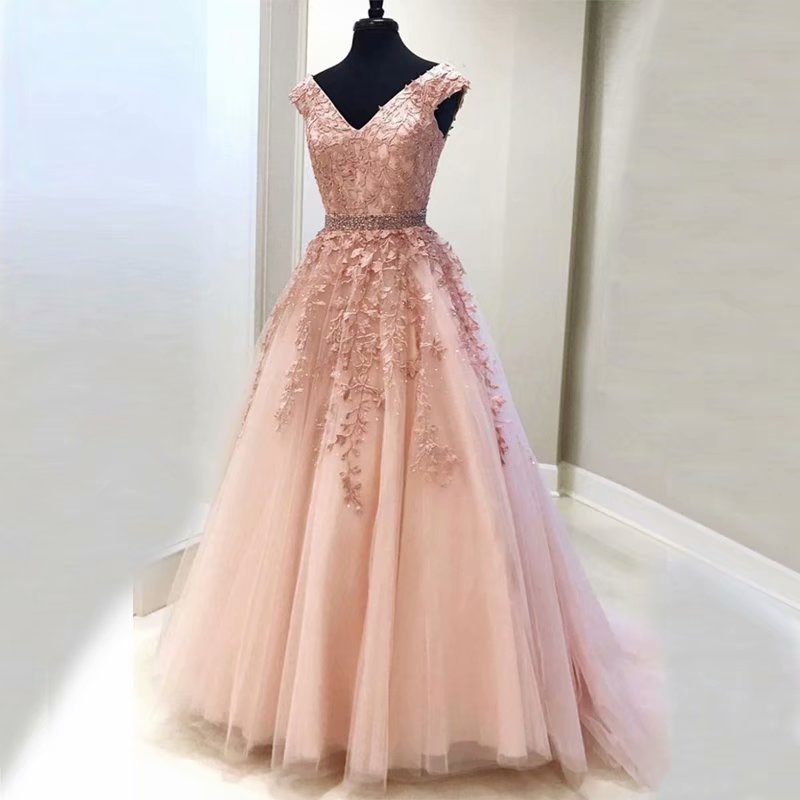 Pink V Neck A-line Prom Dresses, Prom Dress,prom Dresses For Teens,applique Tulle Evening Dresses