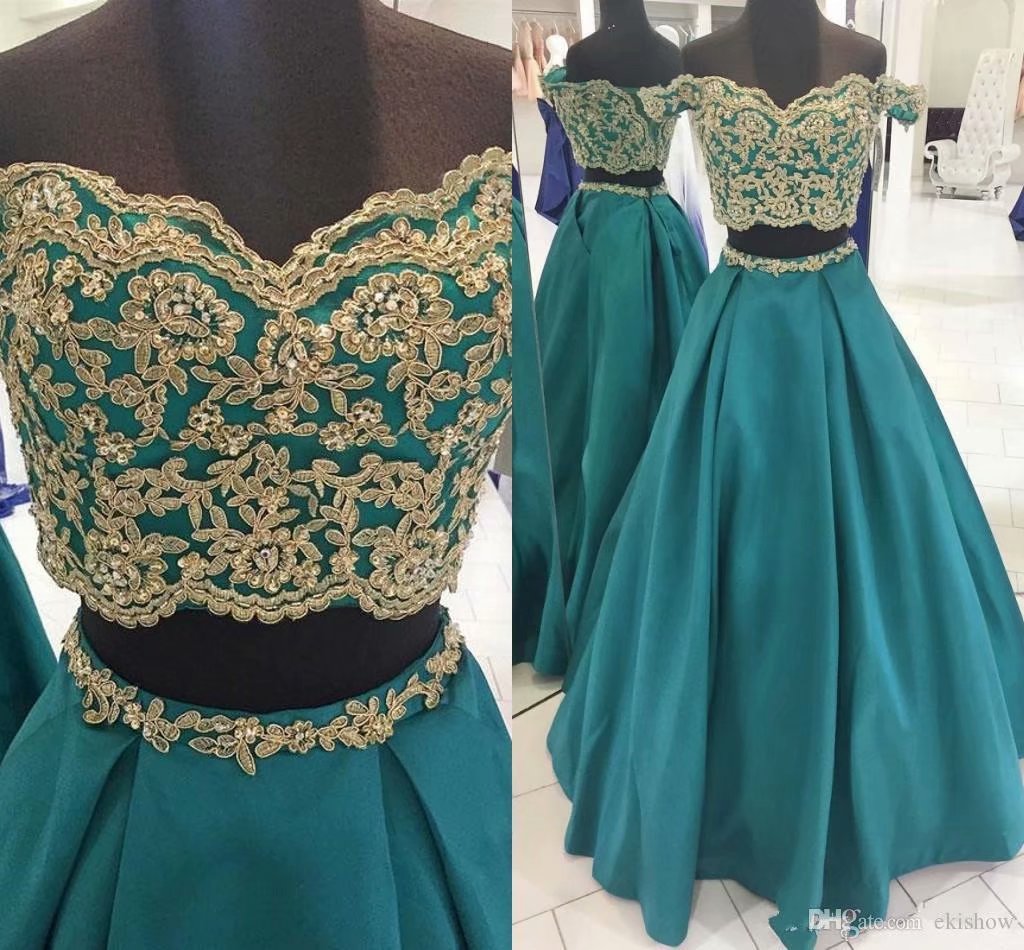 Teal Green Two Piece Prom Dresses, Prom Dress,prom Dresses For Teens,satin Applique Off-shoulder Evening Dresses