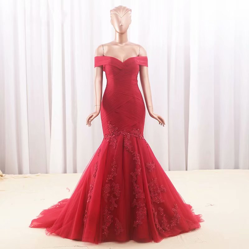 Charming Red Mermaid Prom Dresses, Prom Dress,prom Dresses For Teens,tulle Applique Off Shoulder Evening Dresses