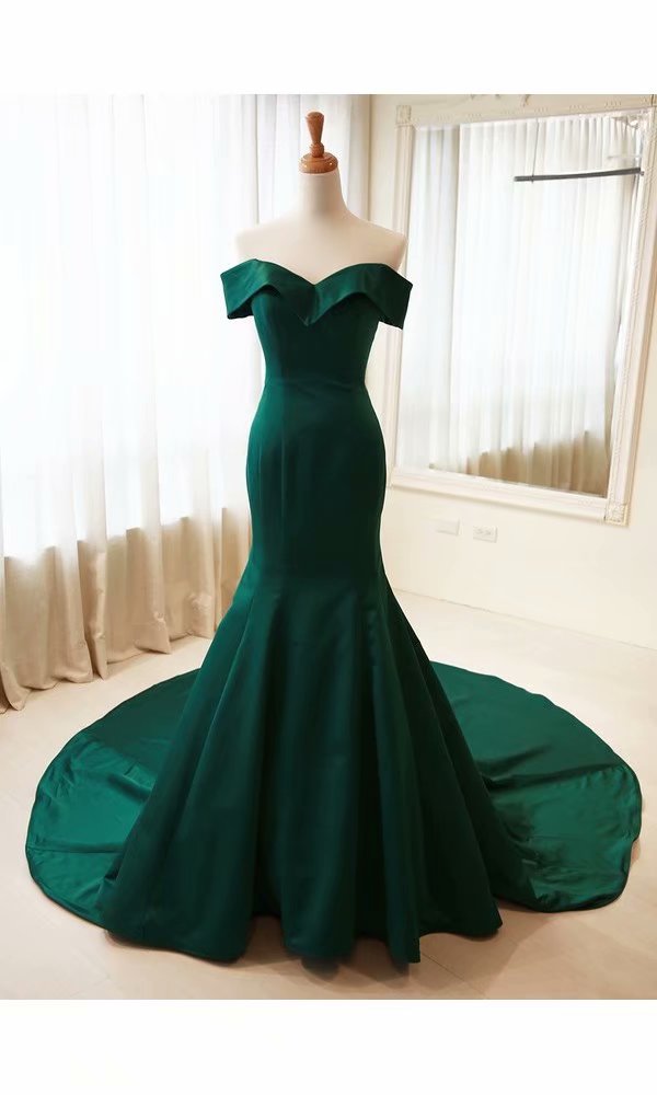 Dark Green Mermaid Prom Dresses, Prom Dress,prom Dresses For Teens,satin Off Shoulder Chapel Train Evening Dresses
