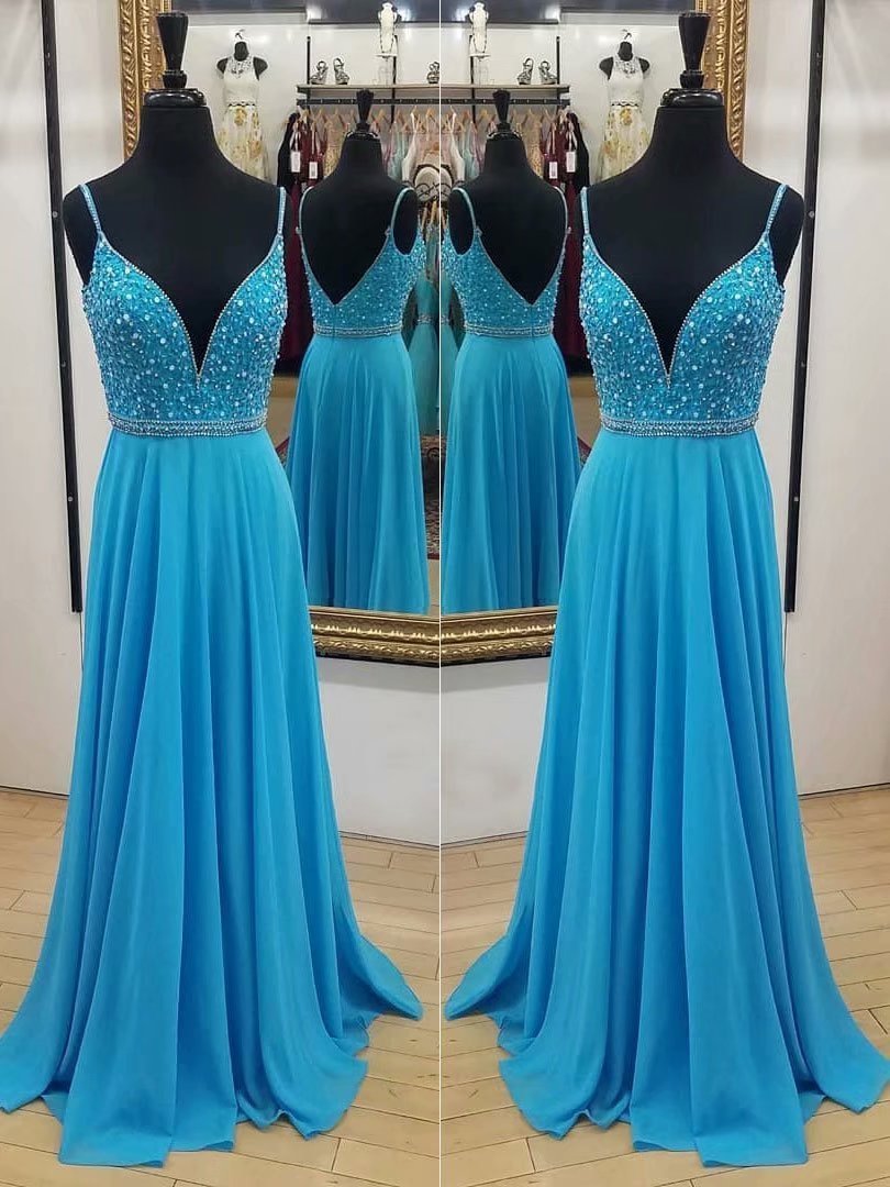 Sexy Beading Blue Chiffon Prom Dresses, Prom Dress,prom Dresses For Teens,2019 Chiffon Evening Dresses