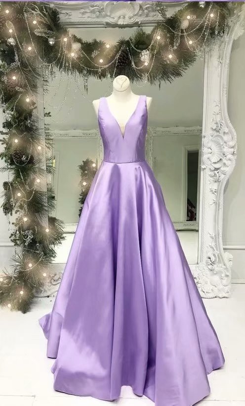 2019 Lavender A-line Prom Dresses, Prom Dress,prom Dresses For Teens,satin V Neck Evening Dresses