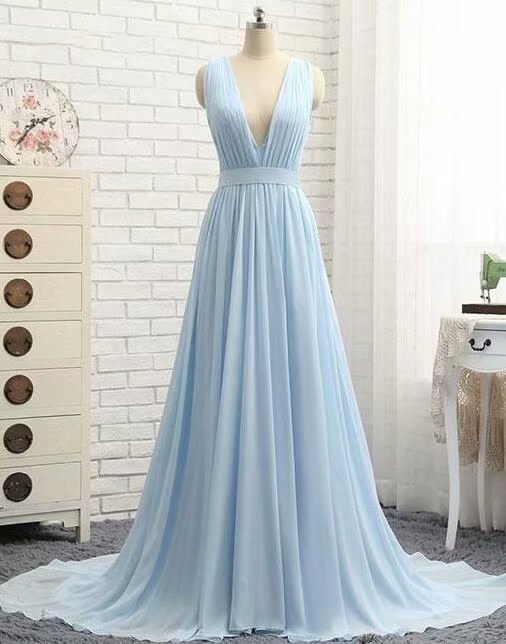 Light Blue Chiffon Prom Dresses, Prom Dress,prom Dresses For Teens,fashion A Line Evening Dresses