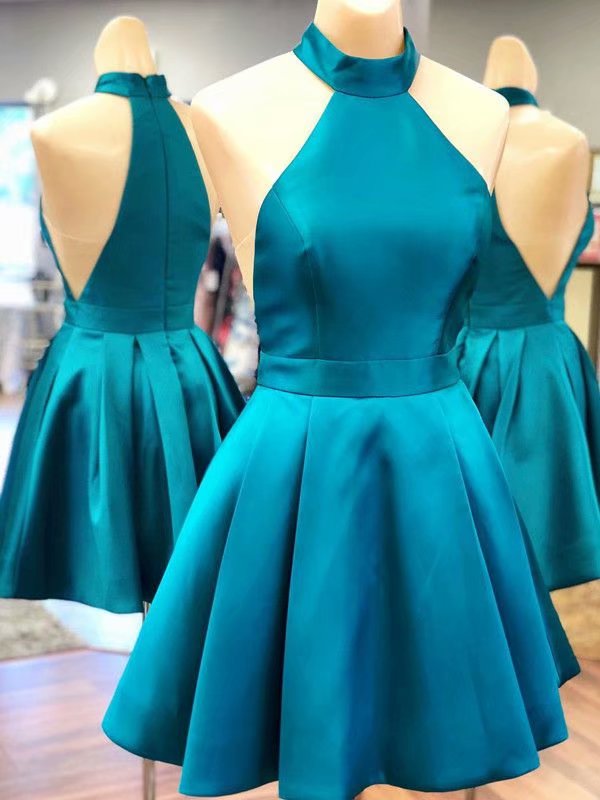 Halter Turquoise Satin Homecoming Dresses Simple Women Party Dresses