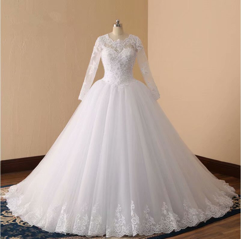 Long Sleeve Wedding Dress, Sheer Neck Wedding Dress, 2019 Wedding Dresses, Wedding Dress, Chapel Train Wedding Dress,Lace Applique Wedding