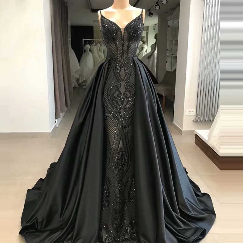 Black Satin Prom Dress,Sequined V Neck Evening Dress