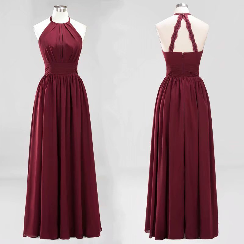 Women Party Dress Halter Burgundy A Line Chiffon Zipper Prom Dresses