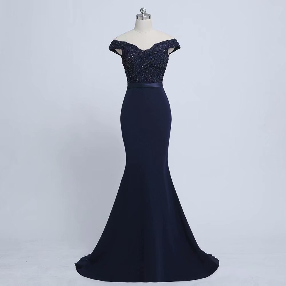 Viva Clothing Applique Prom Dresses 2019 Off Shoulder Navy Blue Satin Sweep Train Sleeveless Evening Gown Mermaid Zipper Vestido de