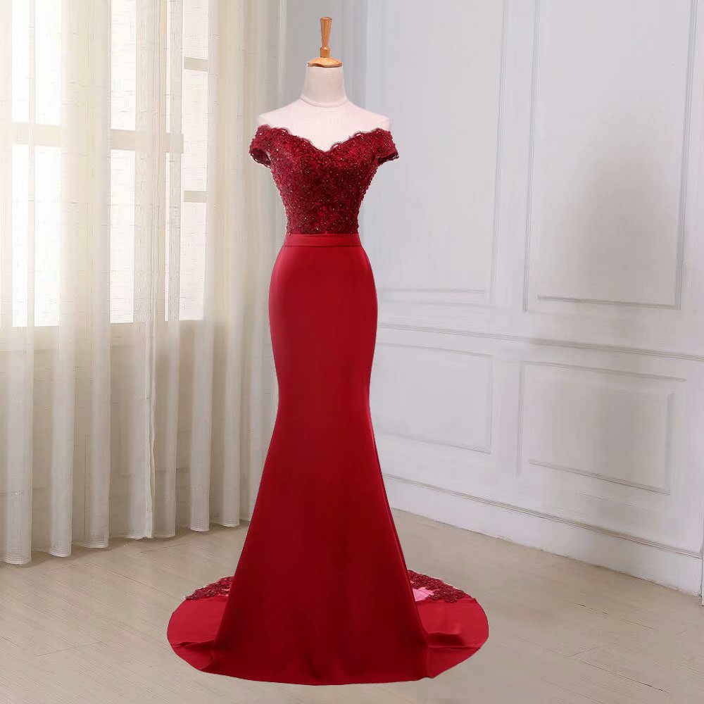 Red Prom Dresses 2019 Off Shoulder Satin Sweep Train Sleeveless Evening Gown Mermaid Zipper Vestido De